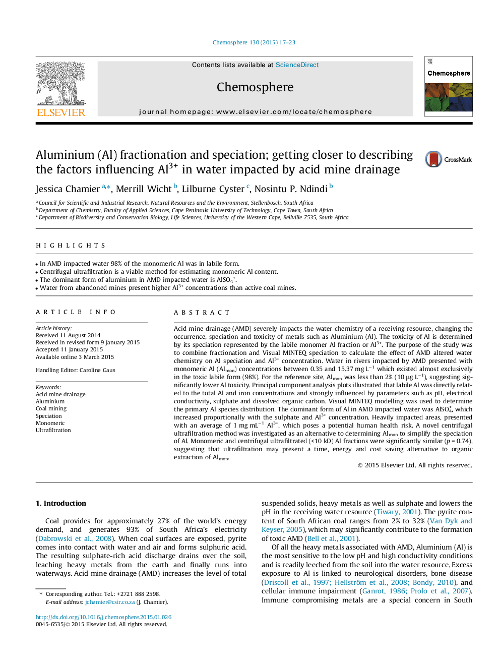 Aluminium (Al) fractionation and speciation; getting closer to describing the factors influencing Al3+ in water impacted by acid mine drainage