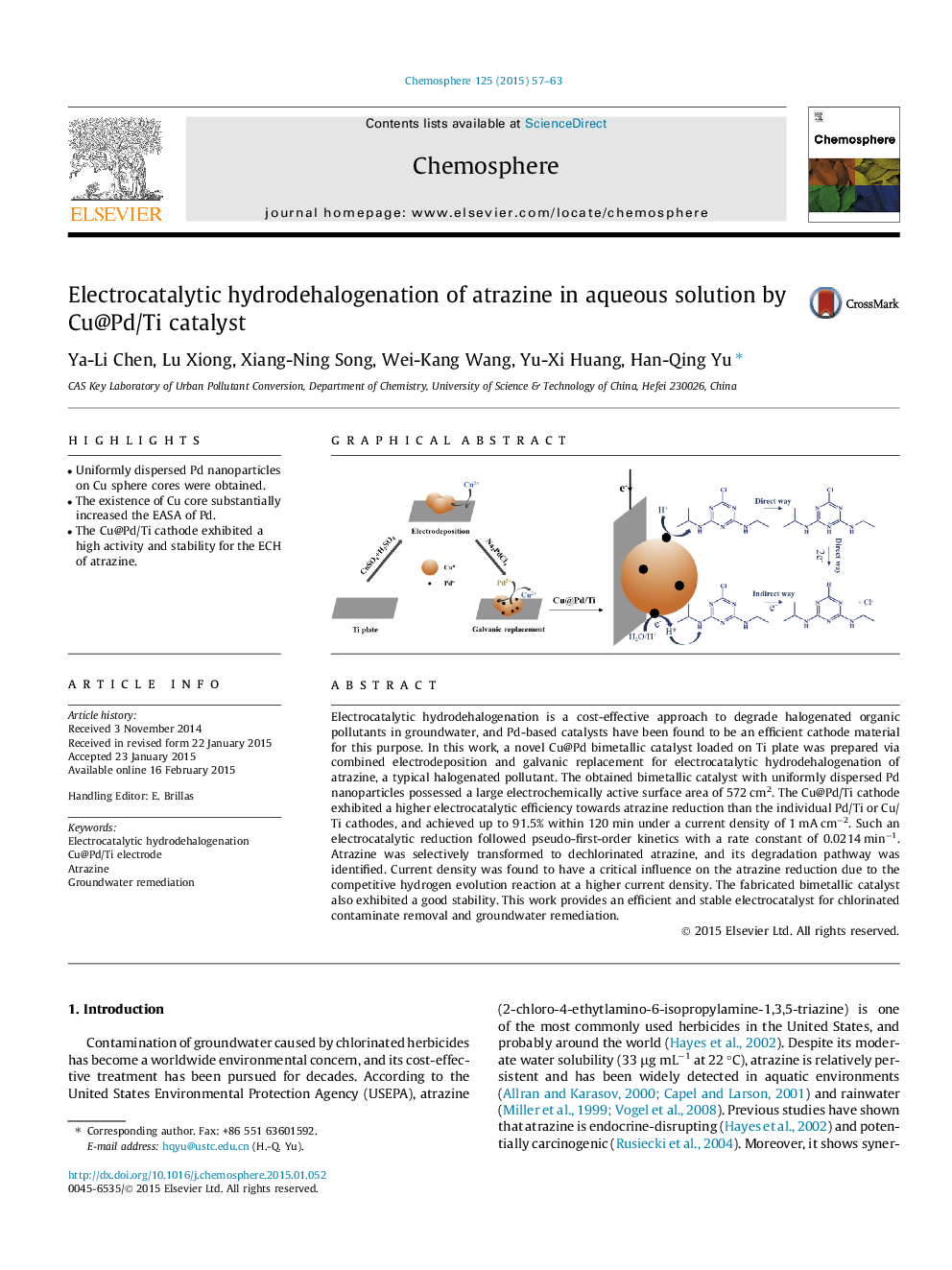 Electrocatalytic hydrodehalogenation of atrazine in aqueous solution by Cu@Pd/Ti catalyst