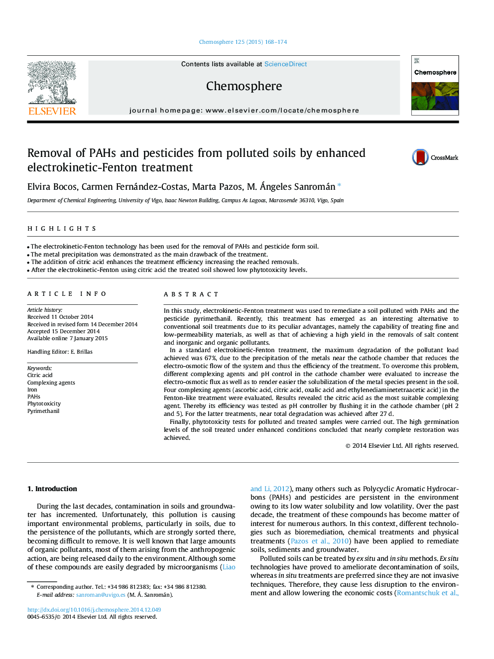 Removal of PAHs and pesticides from polluted soils by enhanced electrokinetic-Fenton treatment