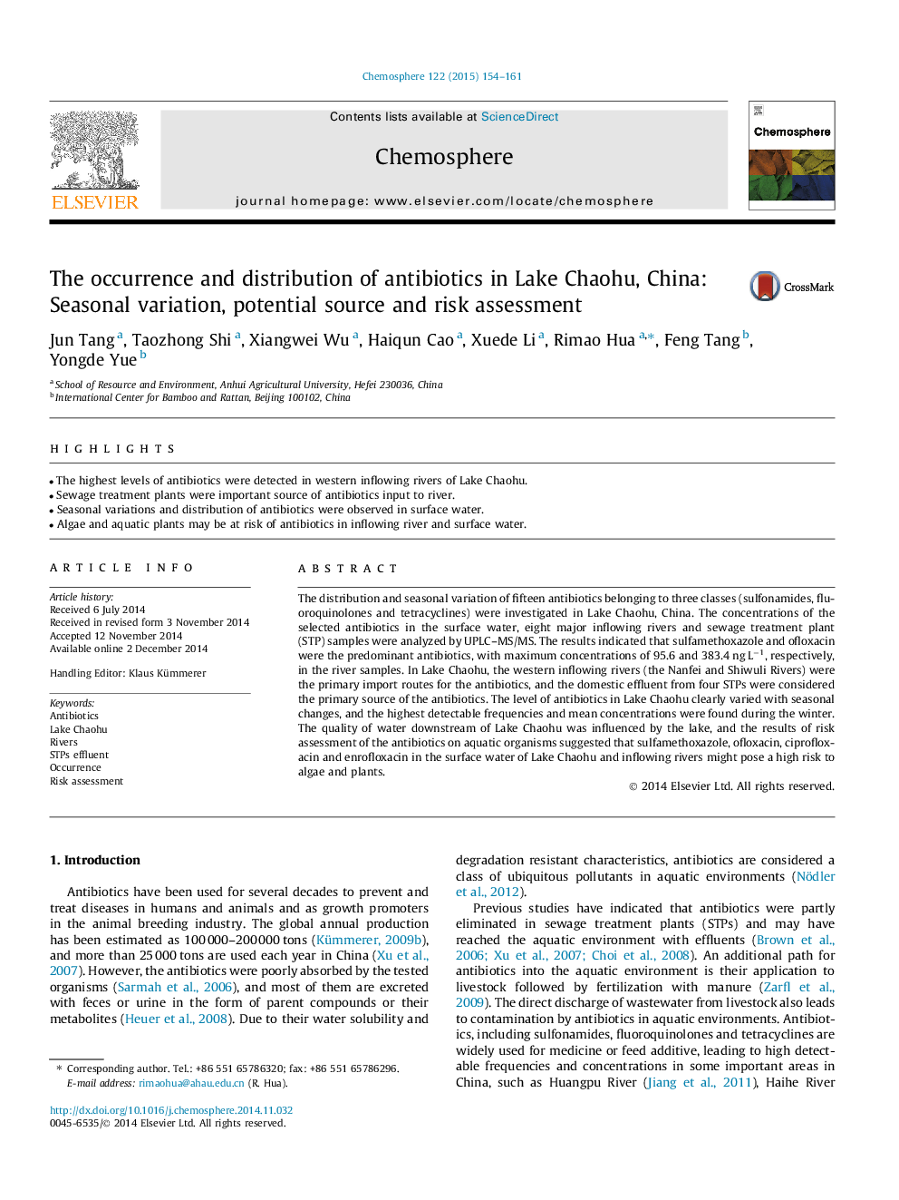 The occurrence and distribution of antibiotics in Lake Chaohu, China: Seasonal variation, potential source and risk assessment