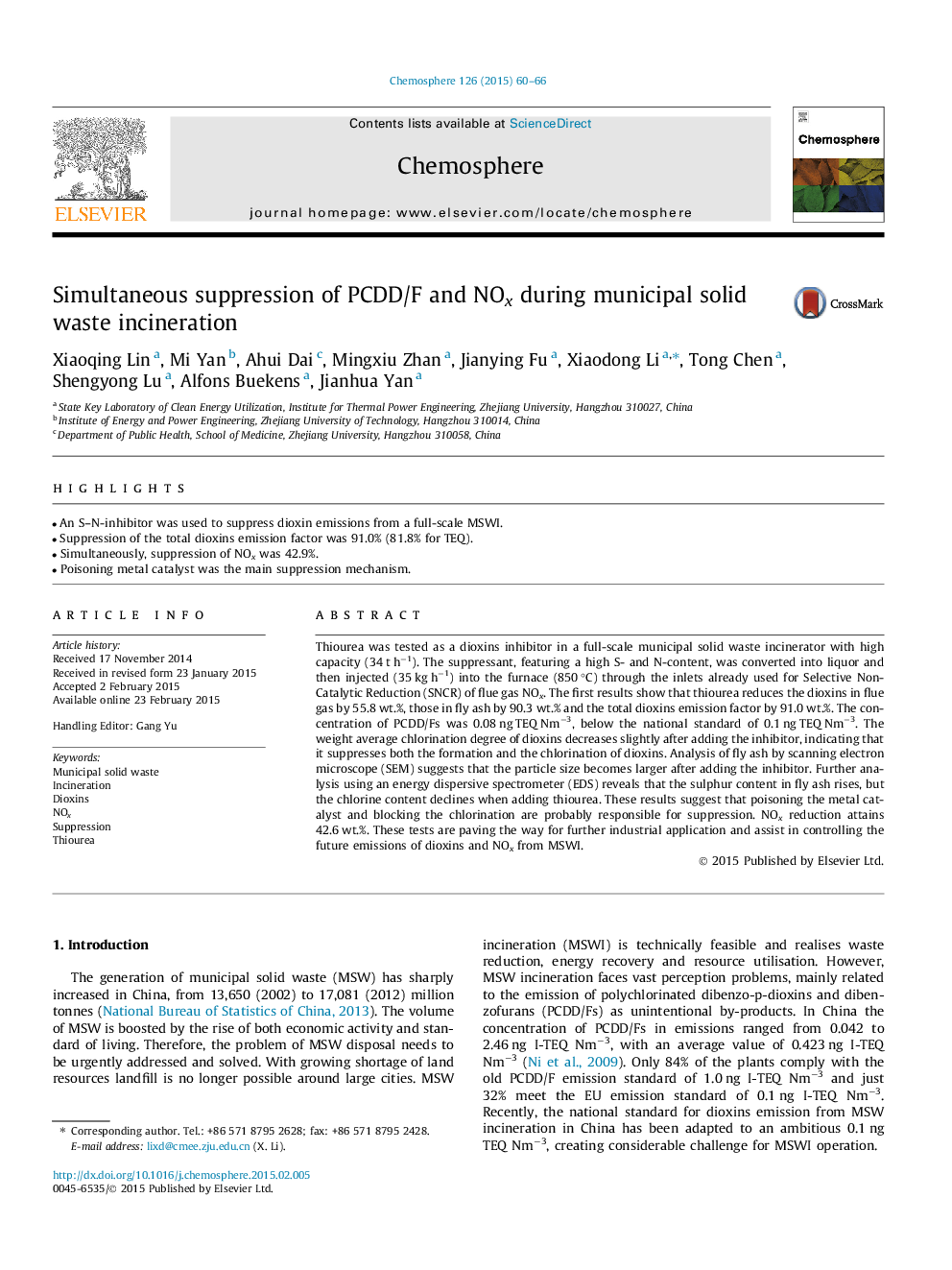 Simultaneous suppression of PCDD/F and NOx during municipal solid waste incineration