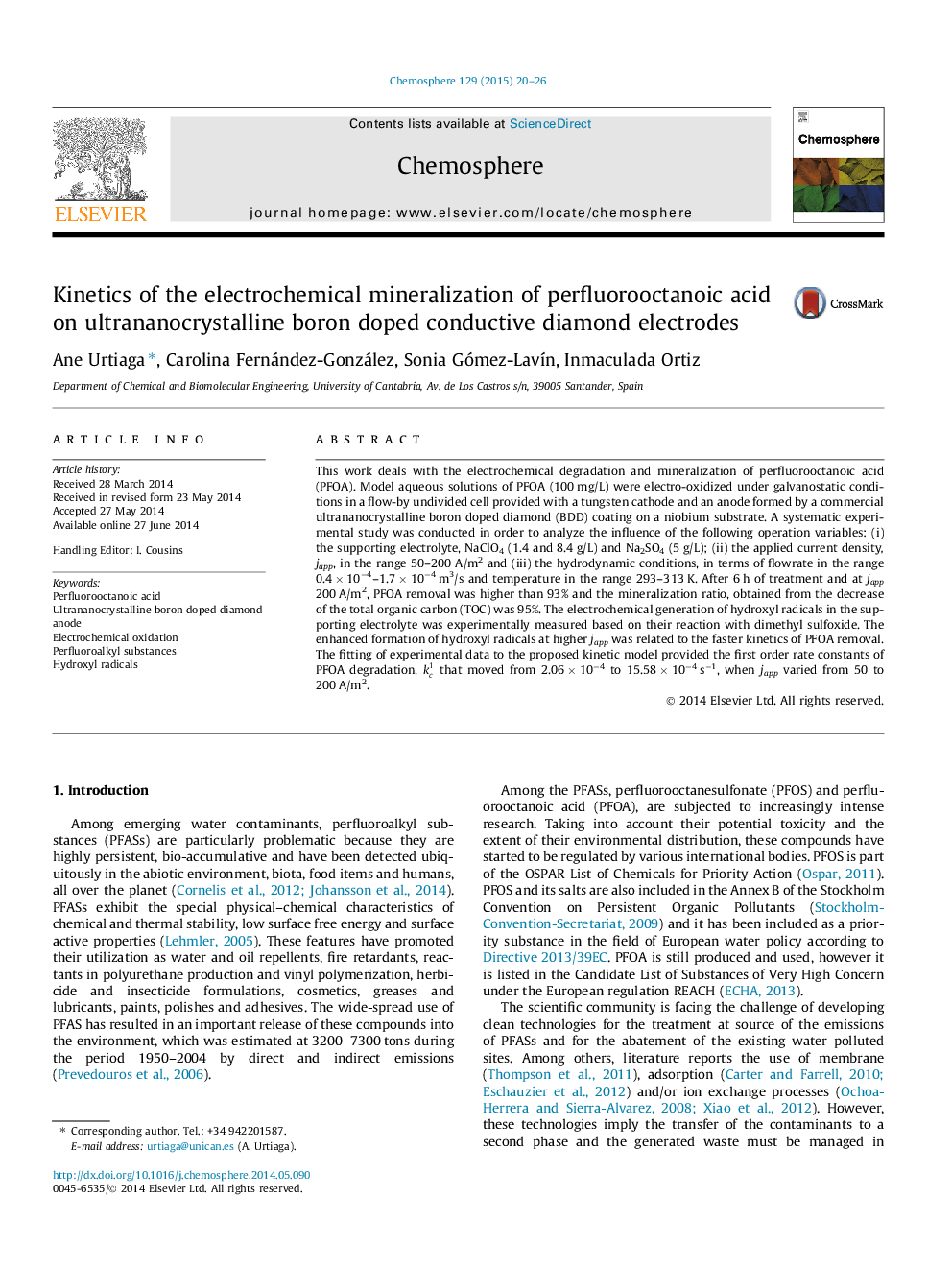 Kinetics of the electrochemical mineralization of perfluorooctanoic acid on ultrananocrystalline boron doped conductive diamond electrodes