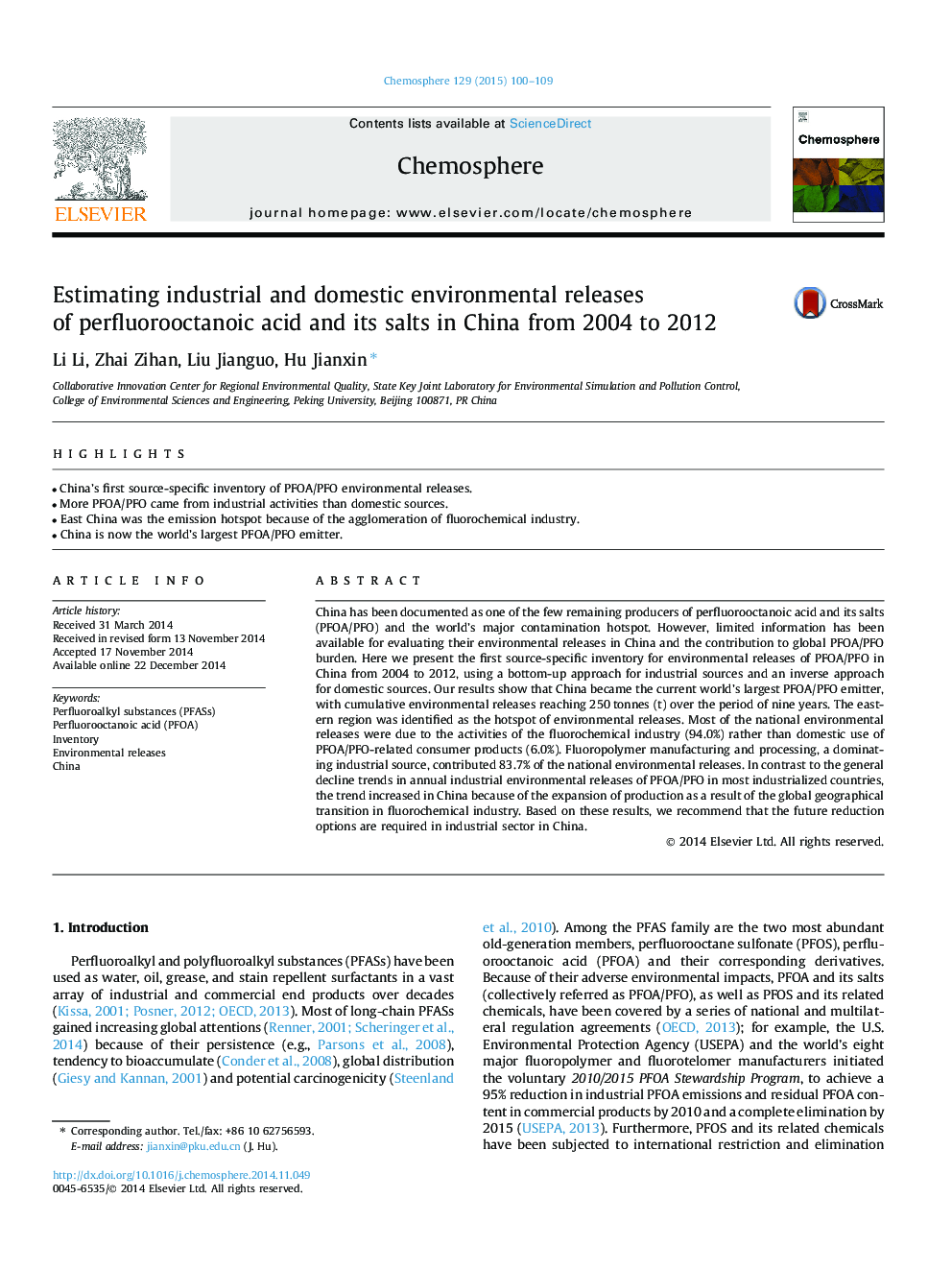 برآورد انتشارات صنعتی و داخلی محیطی اسید پرفلووروکاتانیک و نمکهای آن در چین از سالهای 2004 تا 2012 