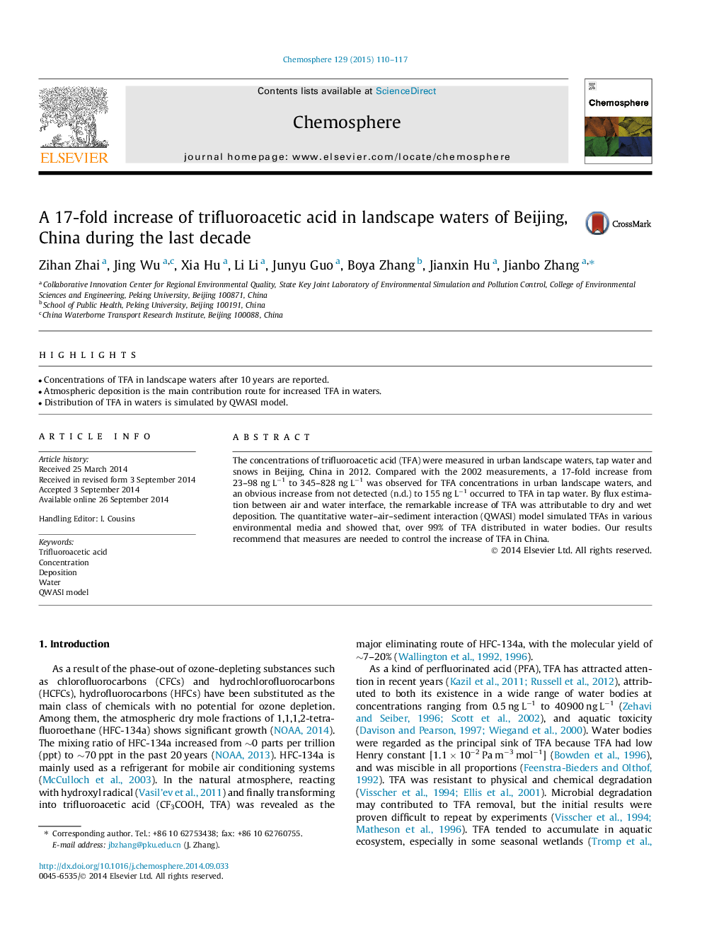 A 17-fold increase of trifluoroacetic acid in landscape waters of Beijing, China during the last decade