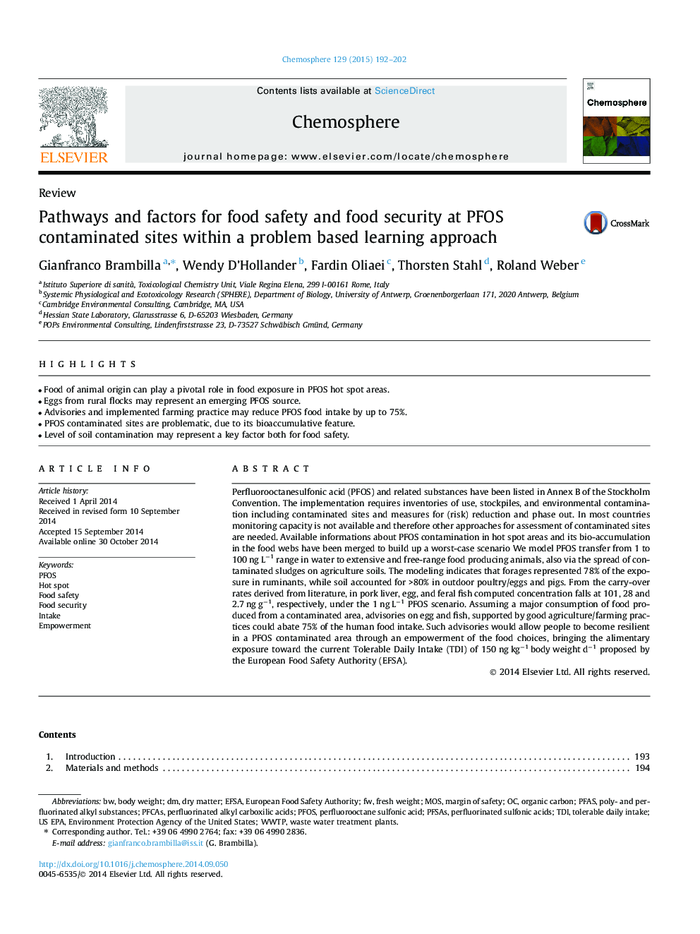 Pathways and factors for food safety and food security at PFOS contaminated sites within a problem based learning approach