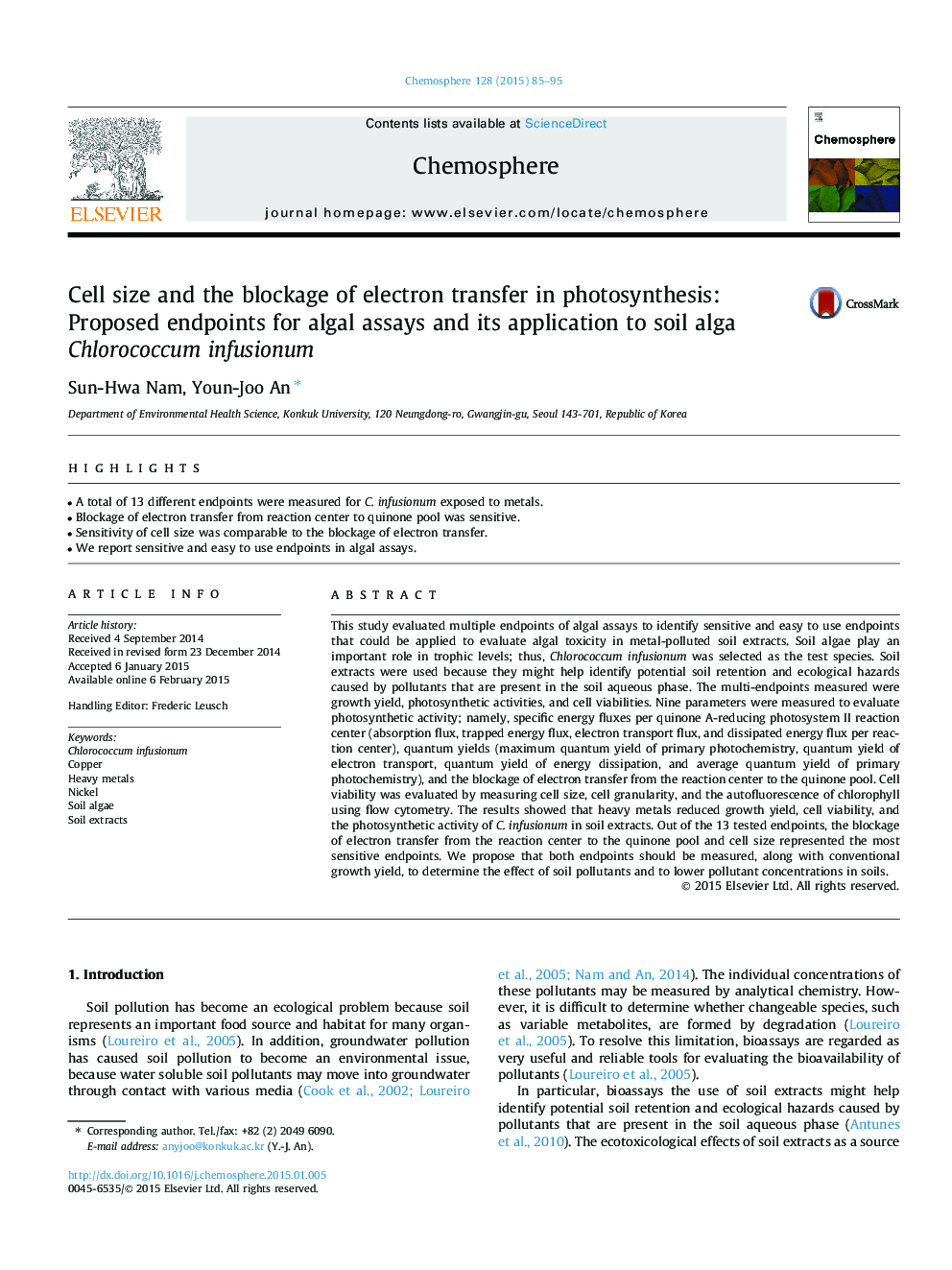 Cell size and the blockage of electron transfer in photosynthesis: Proposed endpoints for algal assays and its application to soil alga Chlorococcum infusionum