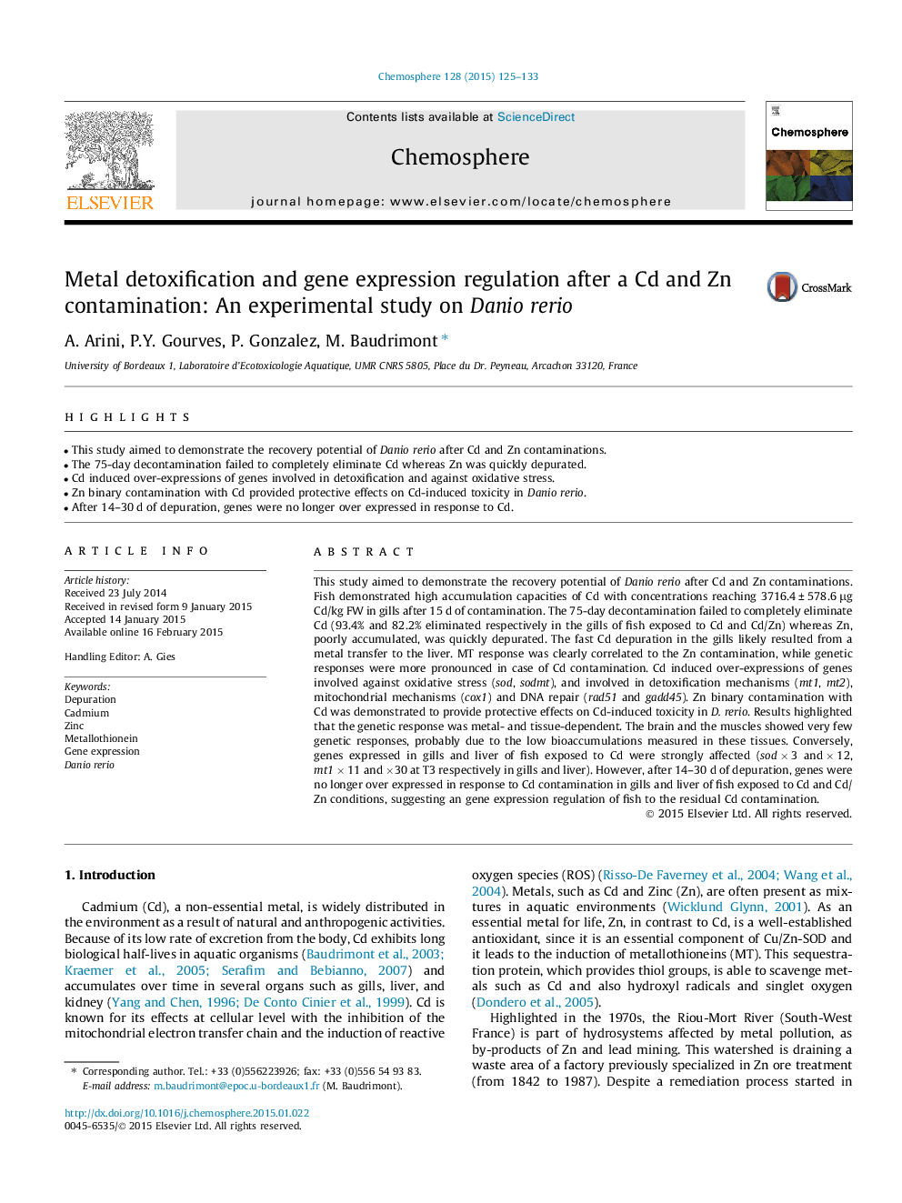 Metal detoxification and gene expression regulation after a Cd and Zn contamination: An experimental study on Danio rerio