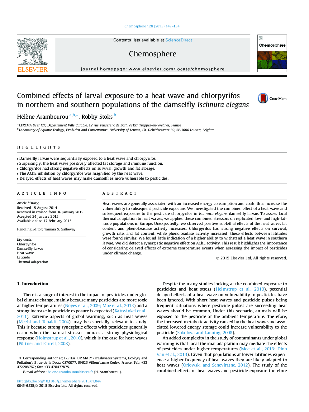 Combined effects of larval exposure to a heat wave and chlorpyrifos in northern and southern populations of the damselfly Ischnura elegans