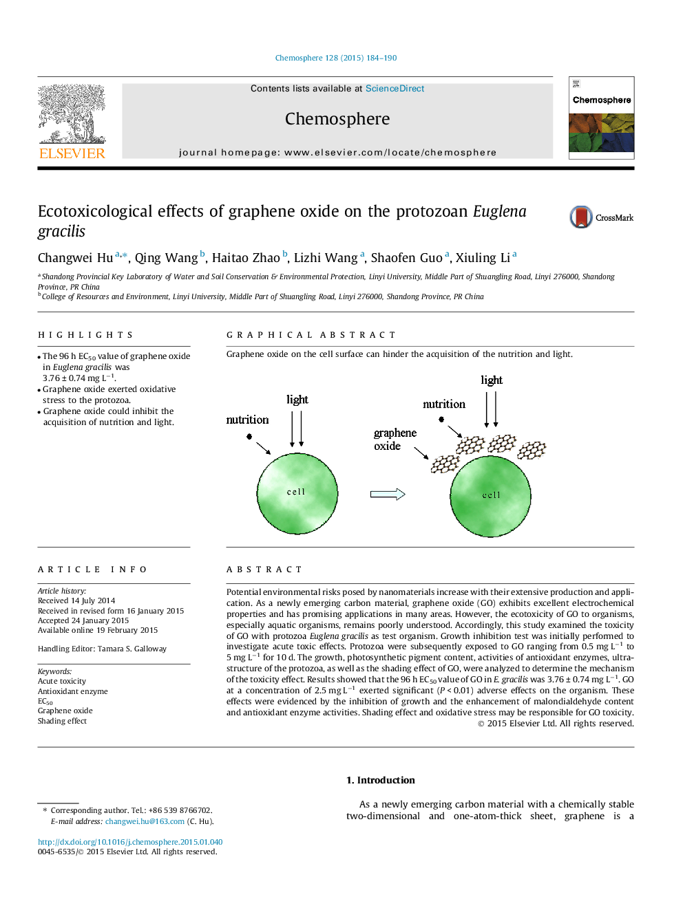 Ecotoxicological effects of graphene oxide on the protozoan Euglena gracilis