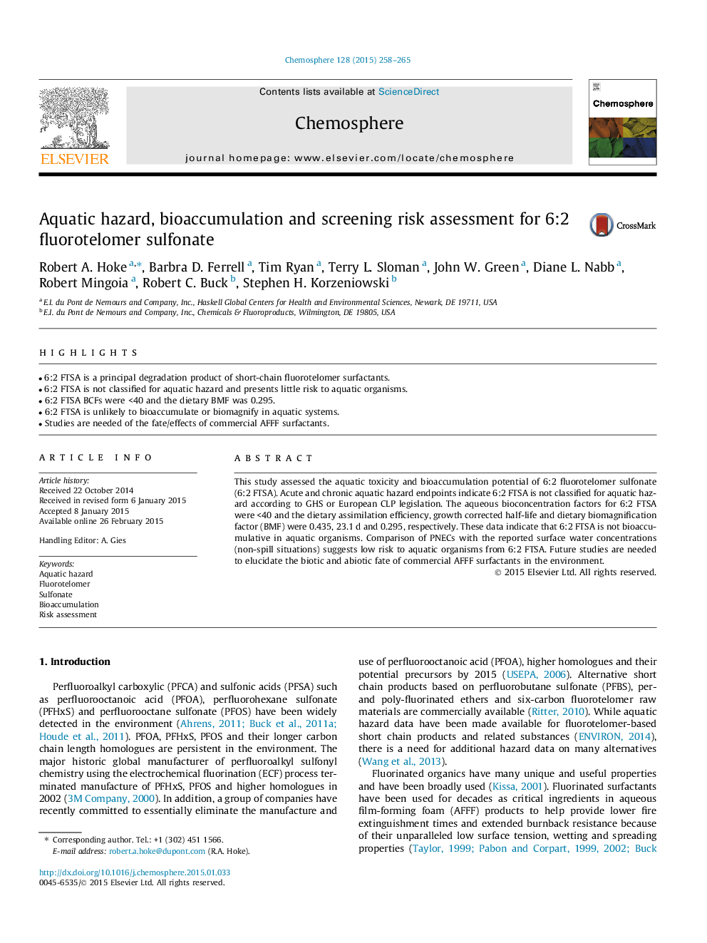 Aquatic hazard, bioaccumulation and screening risk assessment for 6:2 fluorotelomer sulfonate