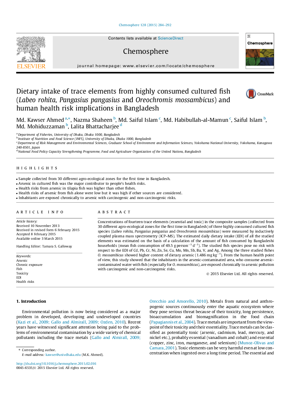 Dietary intake of trace elements from highly consumed cultured fish (Labeo rohita, Pangasius pangasius and Oreochromis mossambicus) and human health risk implications in Bangladesh