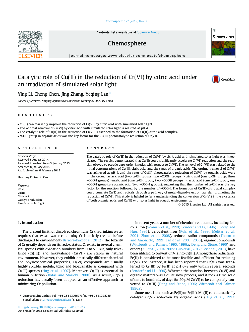 Catalytic role of Cu(II) in the reduction of Cr(VI) by citric acid under an irradiation of simulated solar light