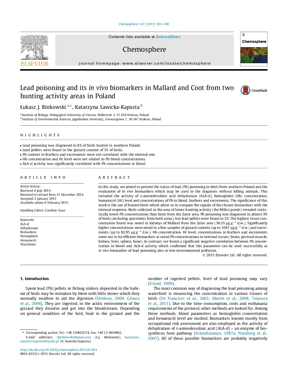 Lead poisoning and its in vivo biomarkers in Mallard and Coot from two hunting activity areas in Poland