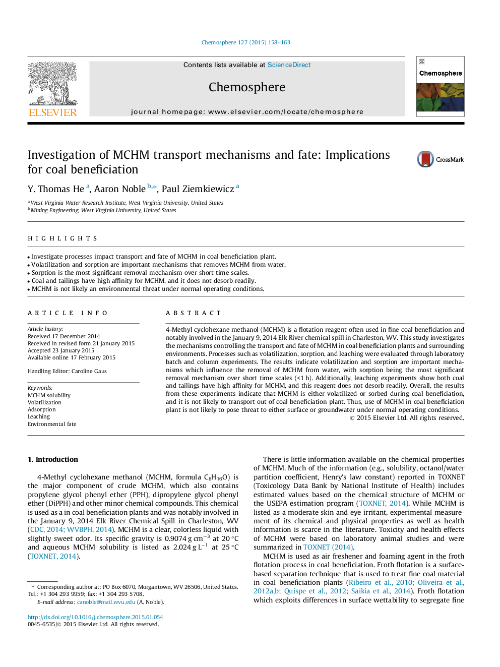 Investigation of MCHM transport mechanisms and fate: Implications for coal beneficiation