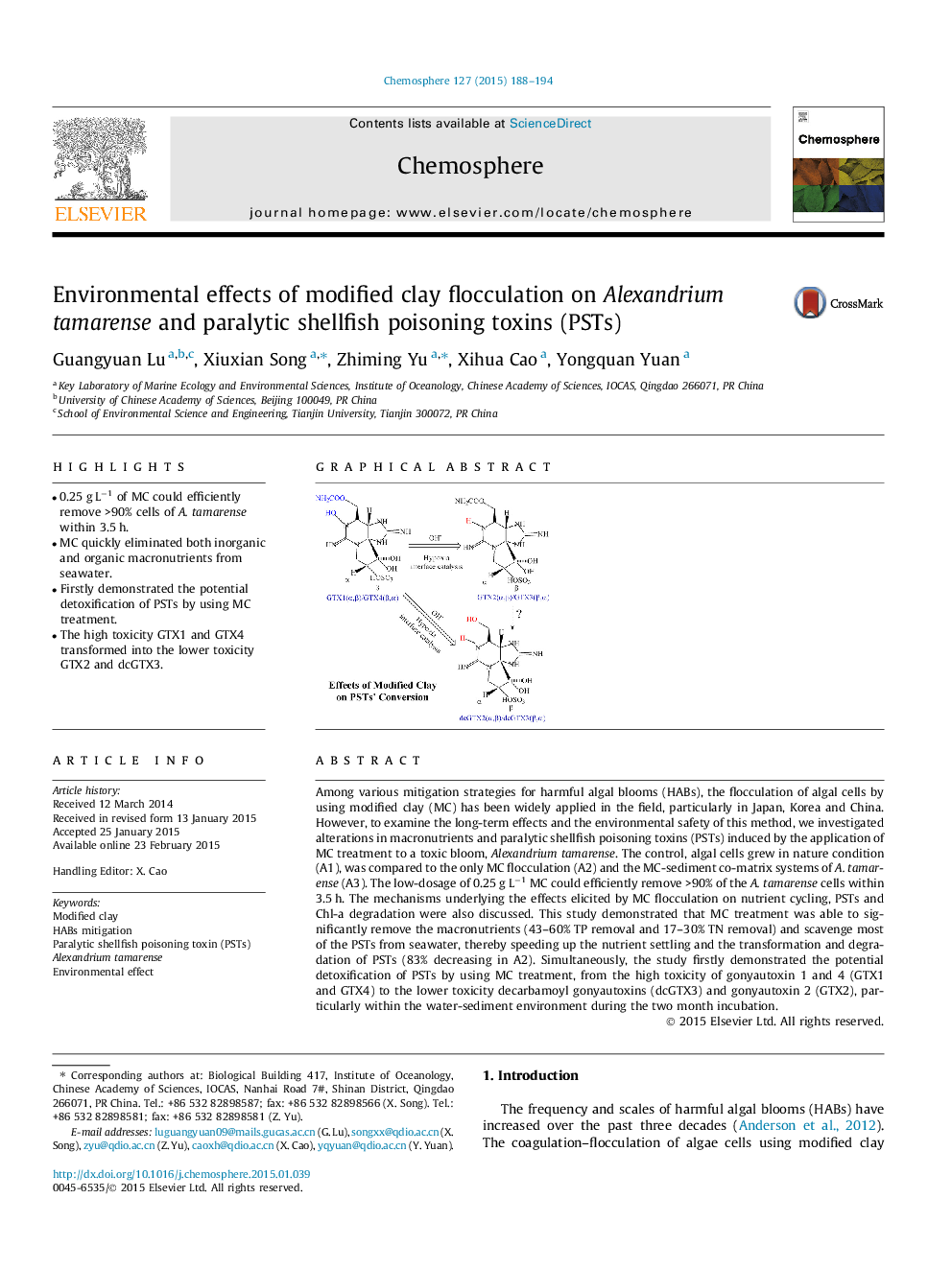 Environmental effects of modified clay flocculation on Alexandrium tamarense and paralytic shellfish poisoning toxins (PSTs)