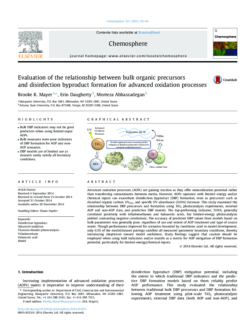 ارزیابی رابطه بین پیش سازهای عمده آلی و تشکیل فرآورده های ضد عفونی برای فرآیندهای اکسیداسیون پیشرفته 