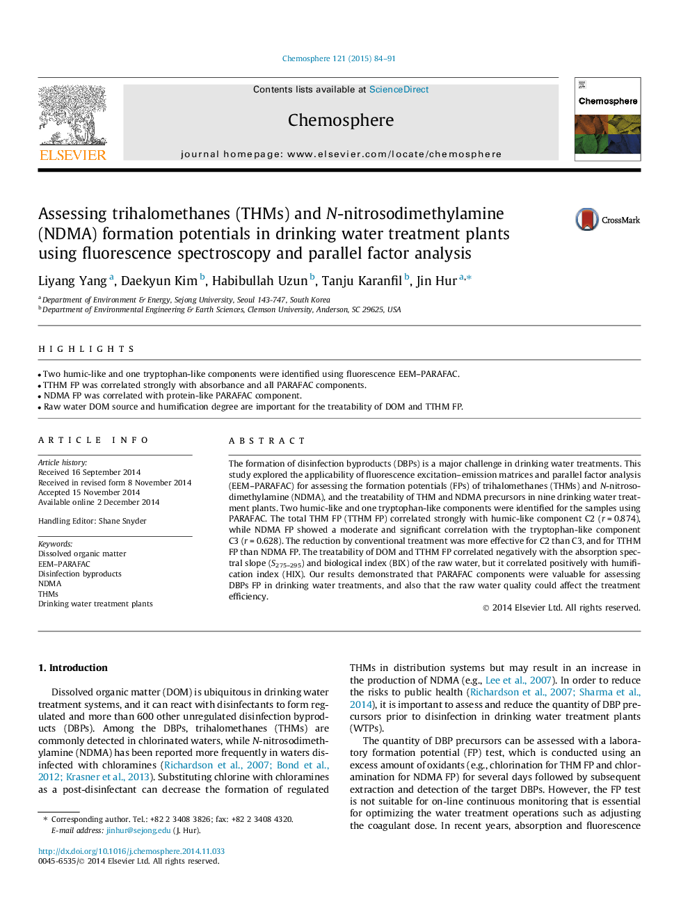 Assessing trihalomethanes (THMs) and N-nitrosodimethylamine (NDMA) formation potentials in drinking water treatment plants using fluorescence spectroscopy and parallel factor analysis