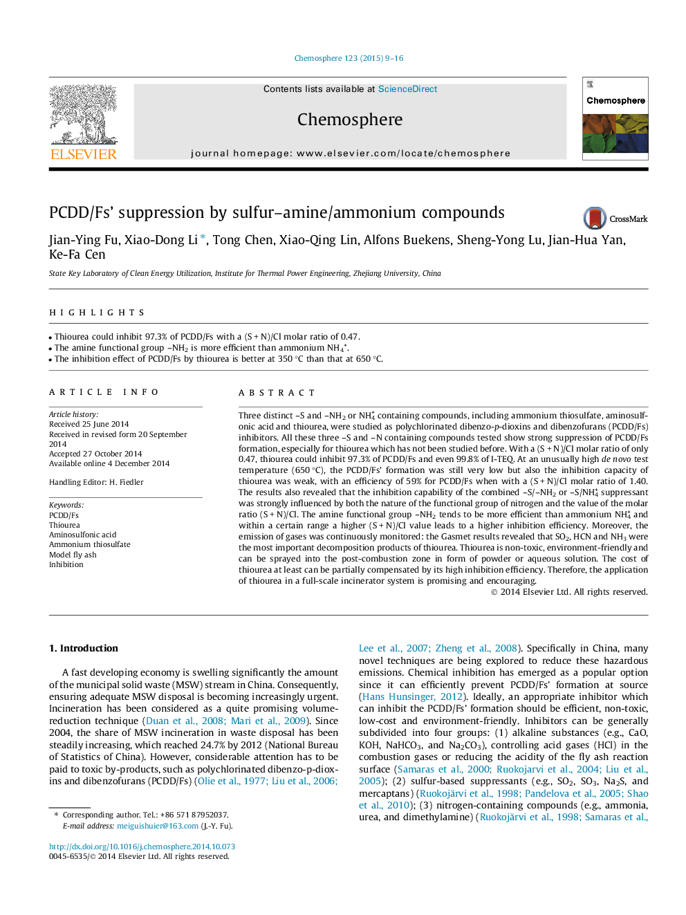 PCDD/Fs’ suppression by sulfur–amine/ammonium compounds