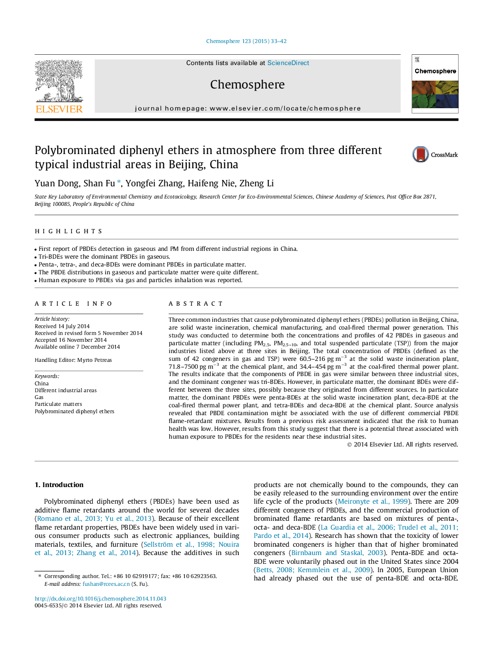 Polybrominated diphenyl ethers in atmosphere from three different typical industrial areas in Beijing, China