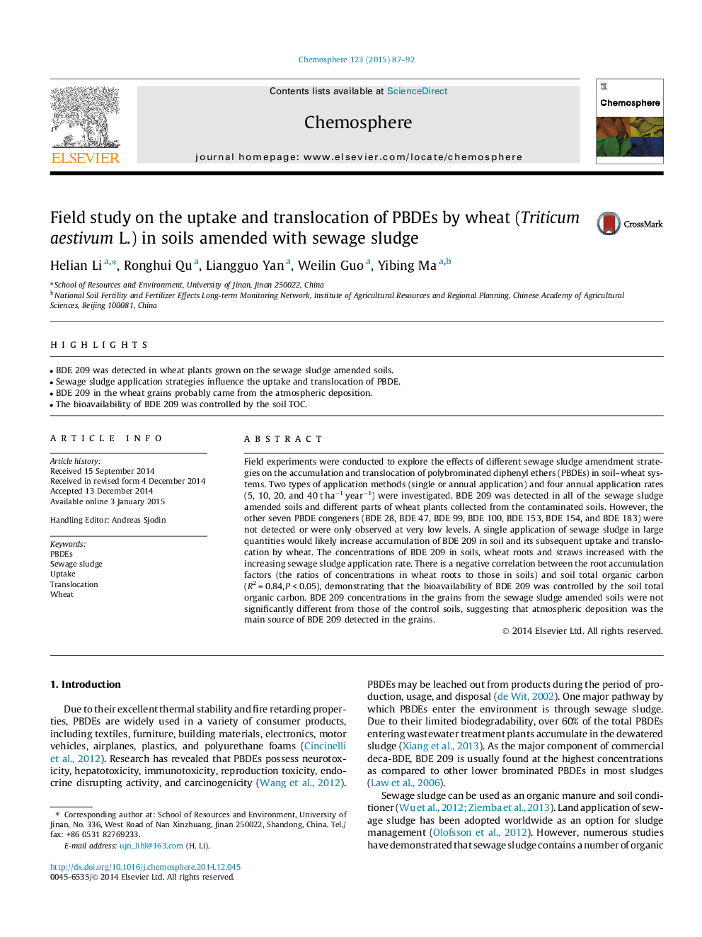 Field study on the uptake and translocation of PBDEs by wheat (Triticum aestivum L.) in soils amended with sewage sludge