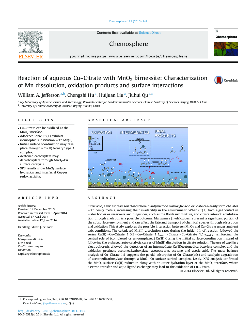 Reaction of aqueous Cu-Citrate with MnO2 birnessite: Characterization of Mn dissolution, oxidation products and surface interactions