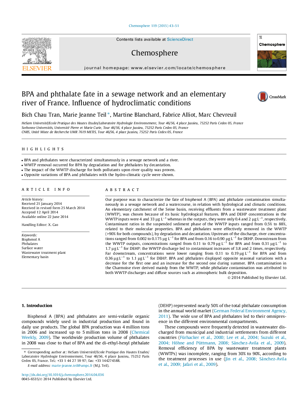 عکس صفحه اول مقاله: BPA and phthalate fate in a sewage network and an elementary river of France. Influence of hydroclimatic conditions BPA and phthalate fate in a sewage network and an elementary river of France. Influence of hydroclimatic conditions