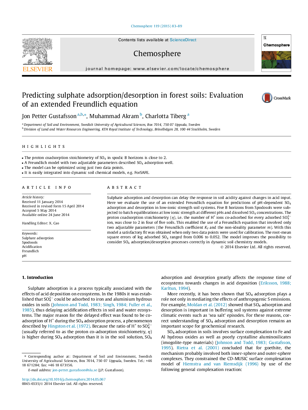 Predicting sulphate adsorption/desorption in forest soils: Evaluation of an extended Freundlich equation