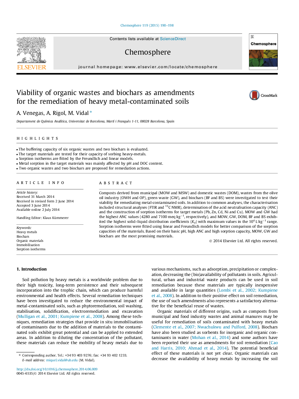 Viability of organic wastes and biochars as amendments for the remediation of heavy metal-contaminated soils