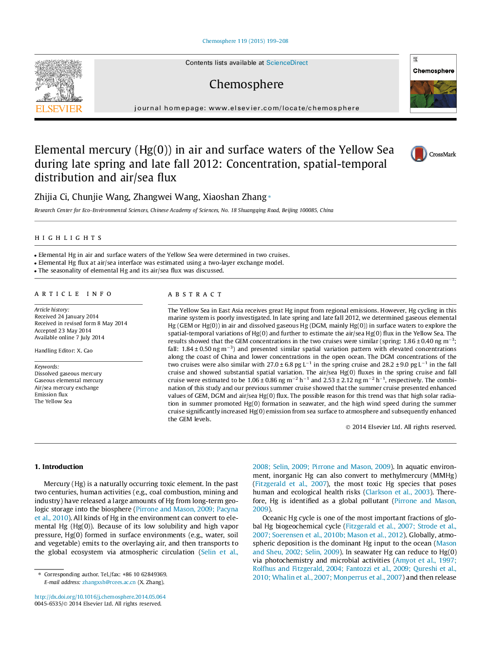 Elemental mercury (Hg(0)) in air and surface waters of the Yellow Sea during late spring and late fall 2012: Concentration, spatial-temporal distribution and air/sea flux