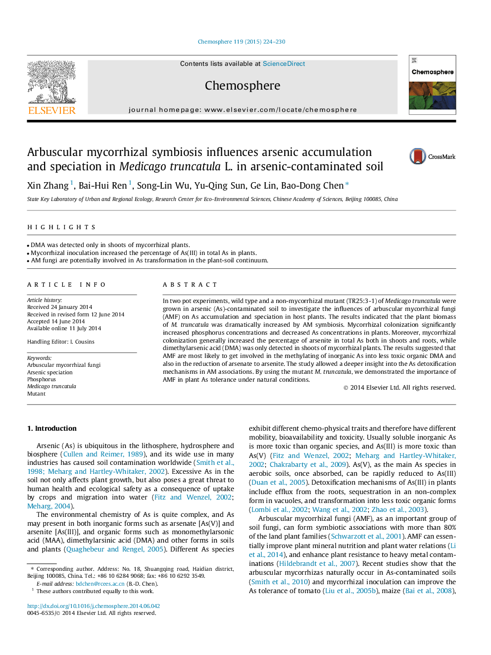 Arbuscular mycorrhizal symbiosis influences arsenic accumulation and speciation in Medicago truncatula L. in arsenic-contaminated soil