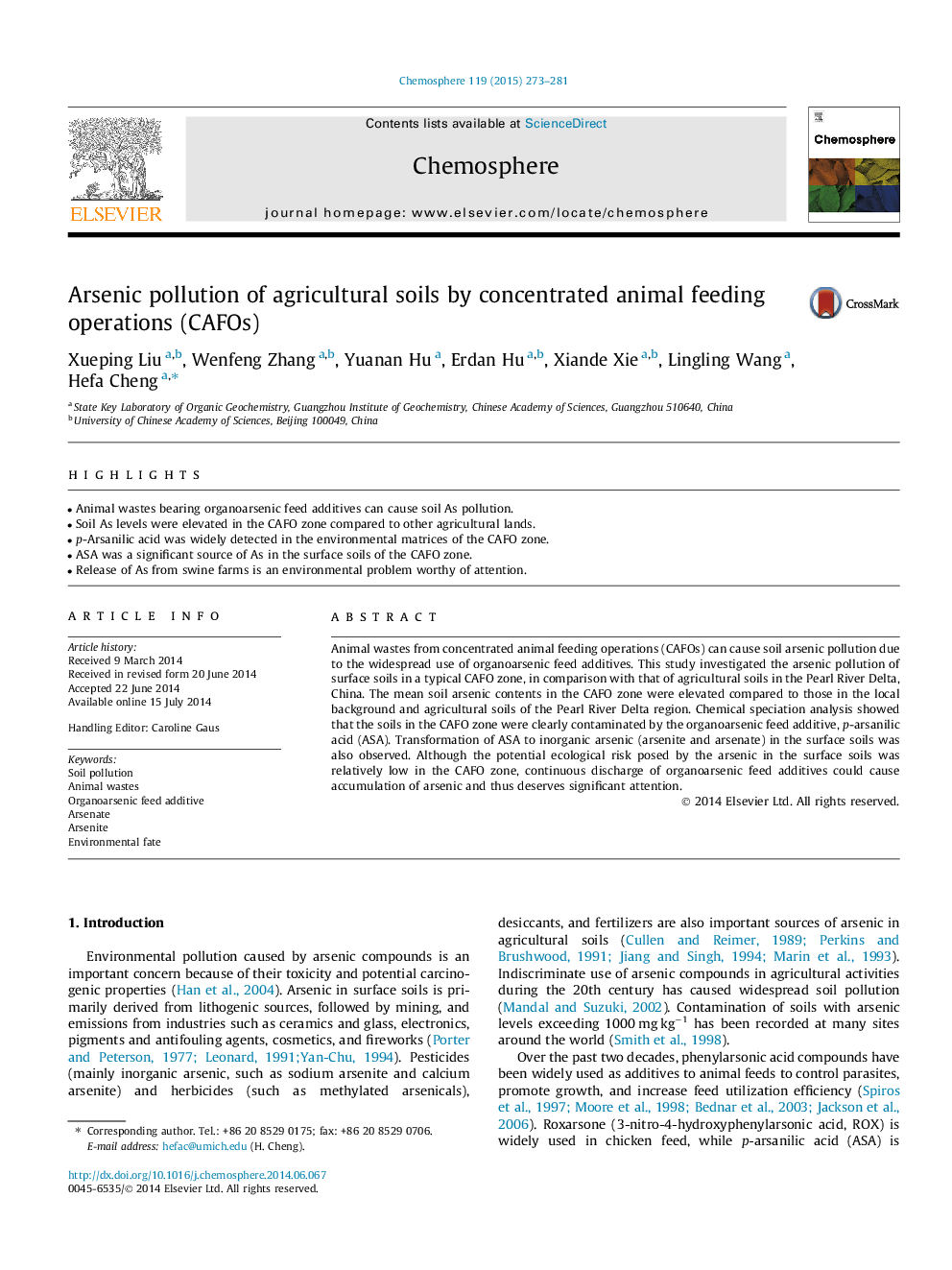 Arsenic pollution of agricultural soils by concentrated animal feeding operations (CAFOs)