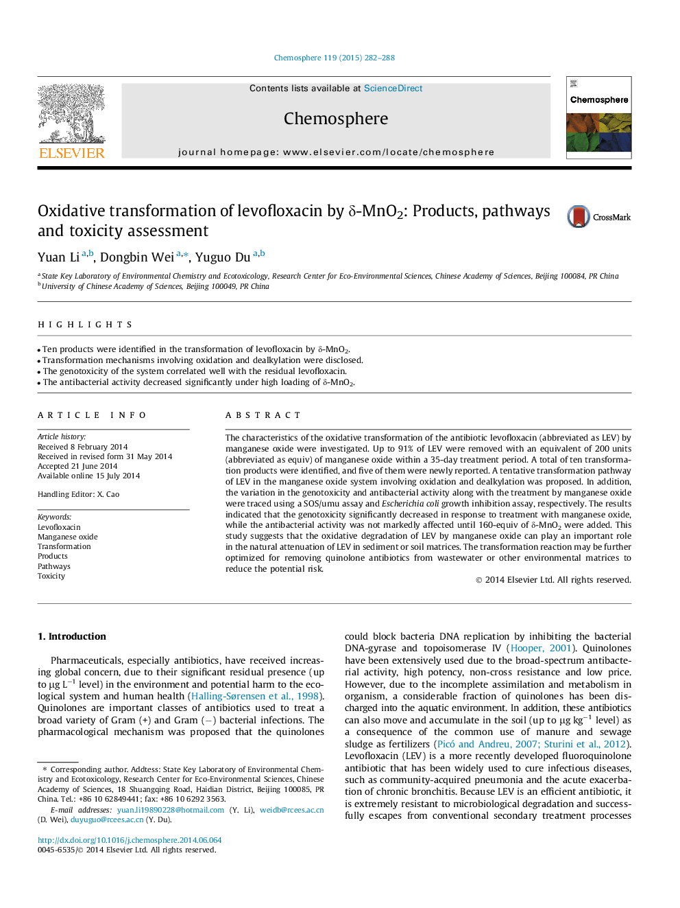 Oxidative transformation of levofloxacin by δ-MnO2: Products, pathways and toxicity assessment