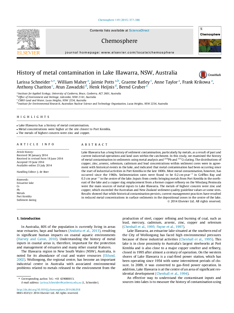 History of metal contamination in Lake Illawarra, NSW, Australia