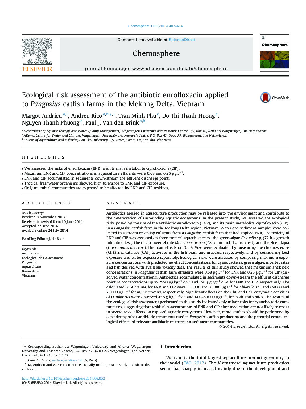 Ecological risk assessment of the antibiotic enrofloxacin applied to Pangasius catfish farms in the Mekong Delta, Vietnam