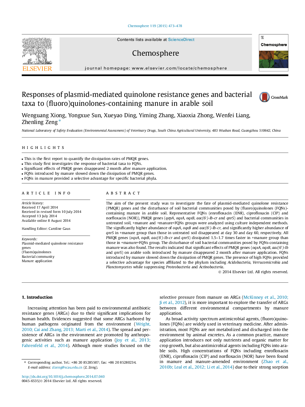 Responses of plasmid-mediated quinolone resistance genes and bacterial taxa to (fluoro)quinolones-containing manure in arable soil