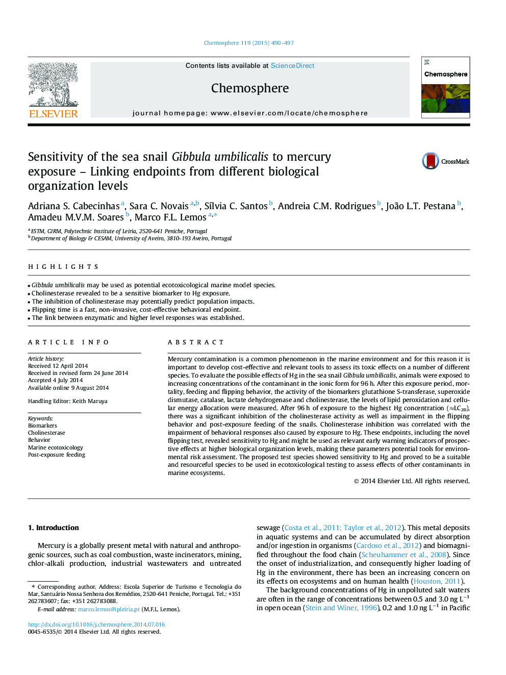 Sensitivity of the sea snail Gibbula umbilicalis to mercury exposure – Linking endpoints from different biological organization levels