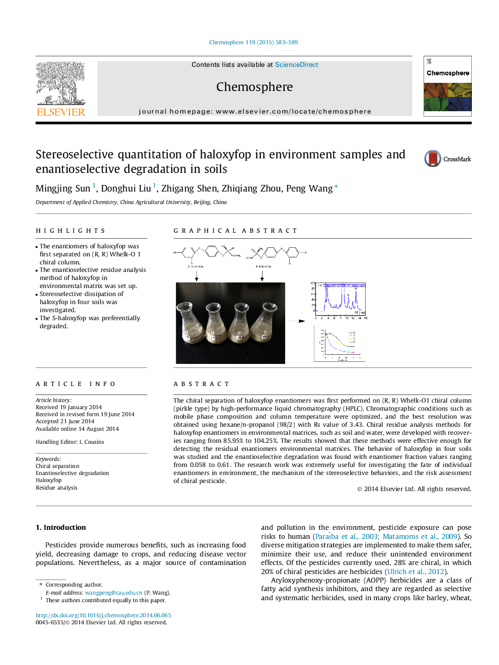 Stereoselective quantitation of haloxyfop in environment samples and enantioselective degradation in soils