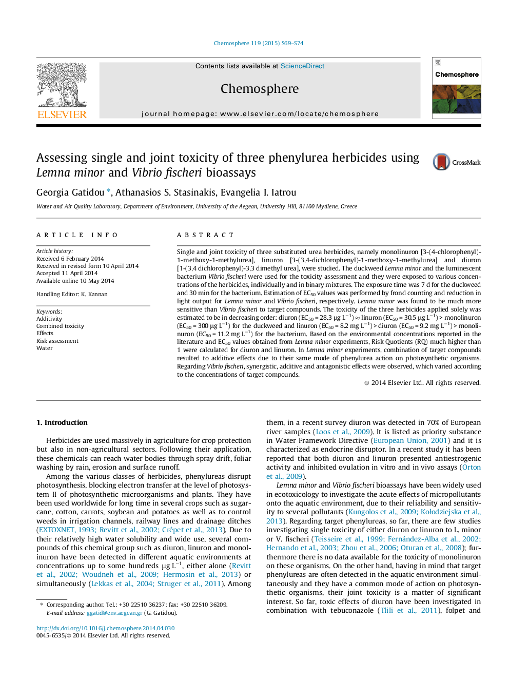 Assessing single and joint toxicity of three phenylurea herbicides using Lemna minor and Vibrio fischeri bioassays