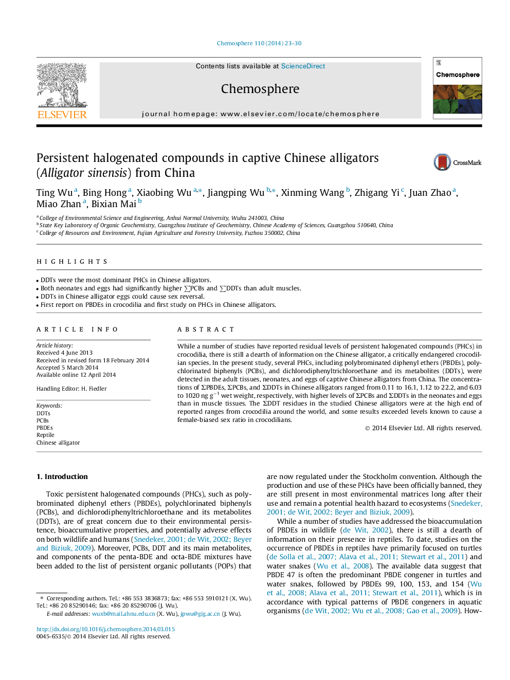 Persistent halogenated compounds in captive Chinese alligators (Alligator sinensis) from China