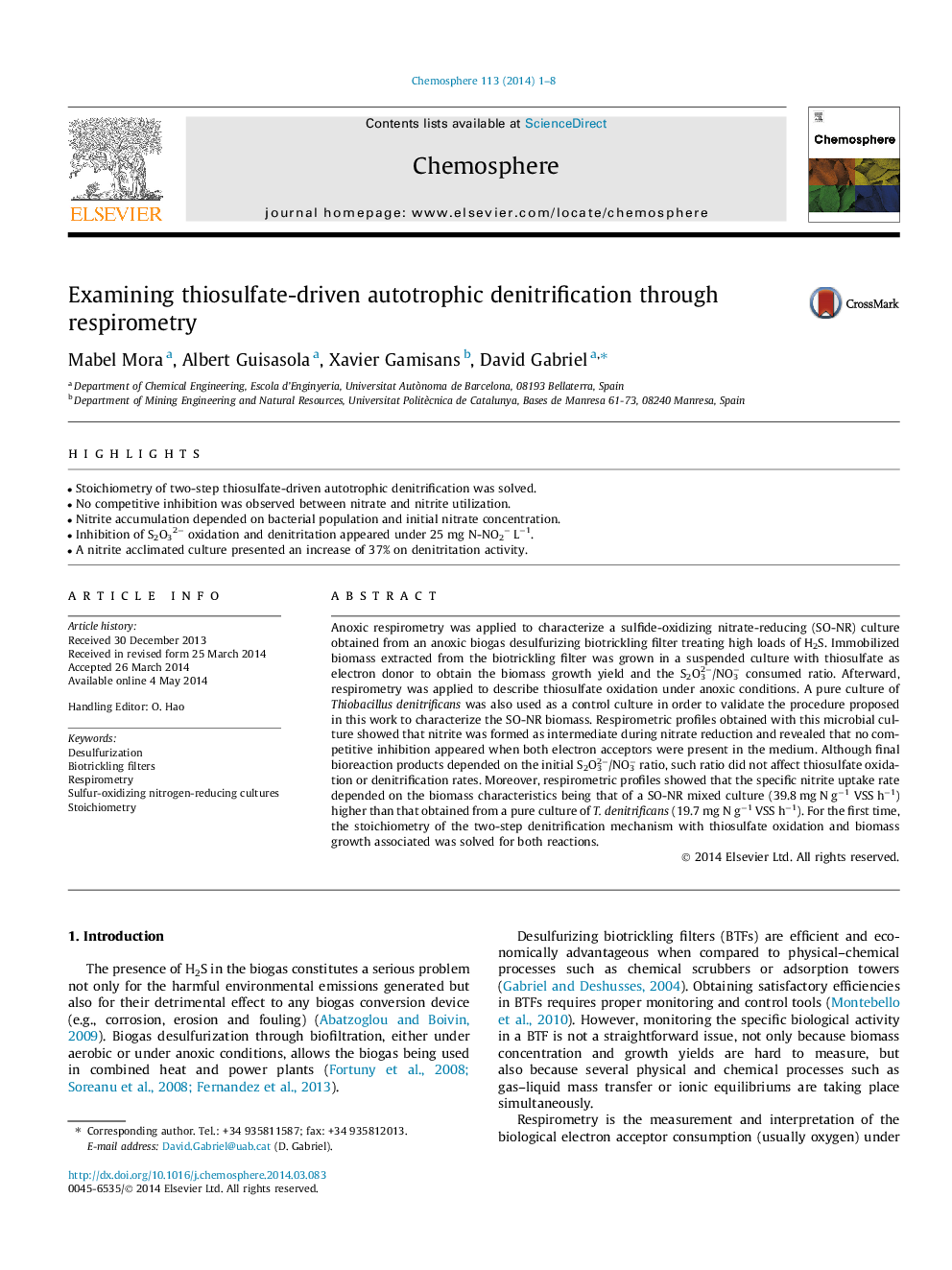Examining thiosulfate-driven autotrophic denitrification through respirometry