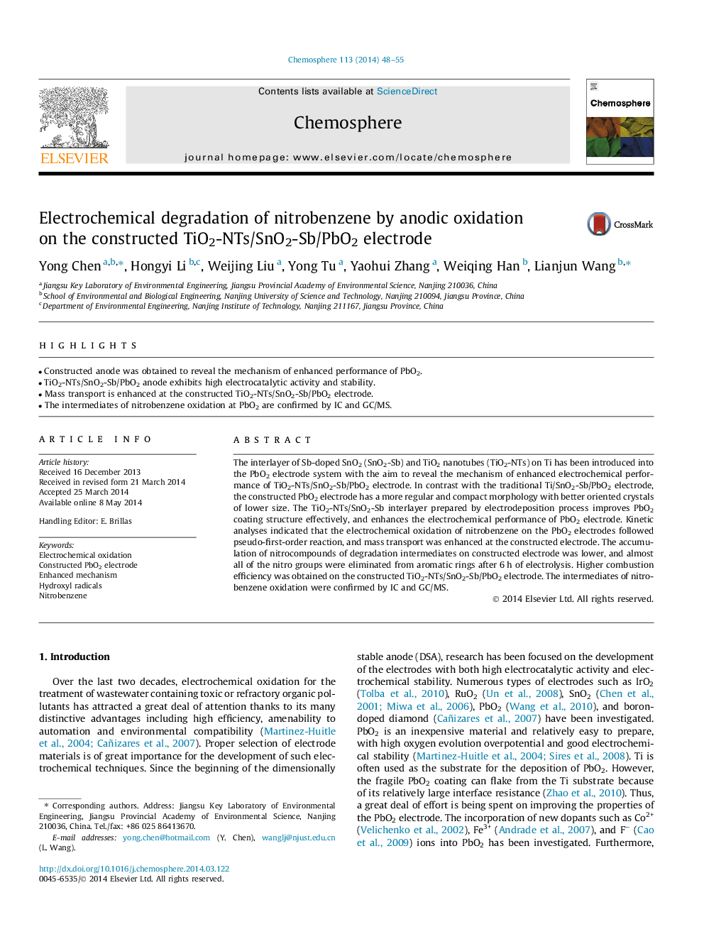 Electrochemical degradation of nitrobenzene by anodic oxidation on the constructed TiO2-NTs/SnO2-Sb/PbO2 electrode