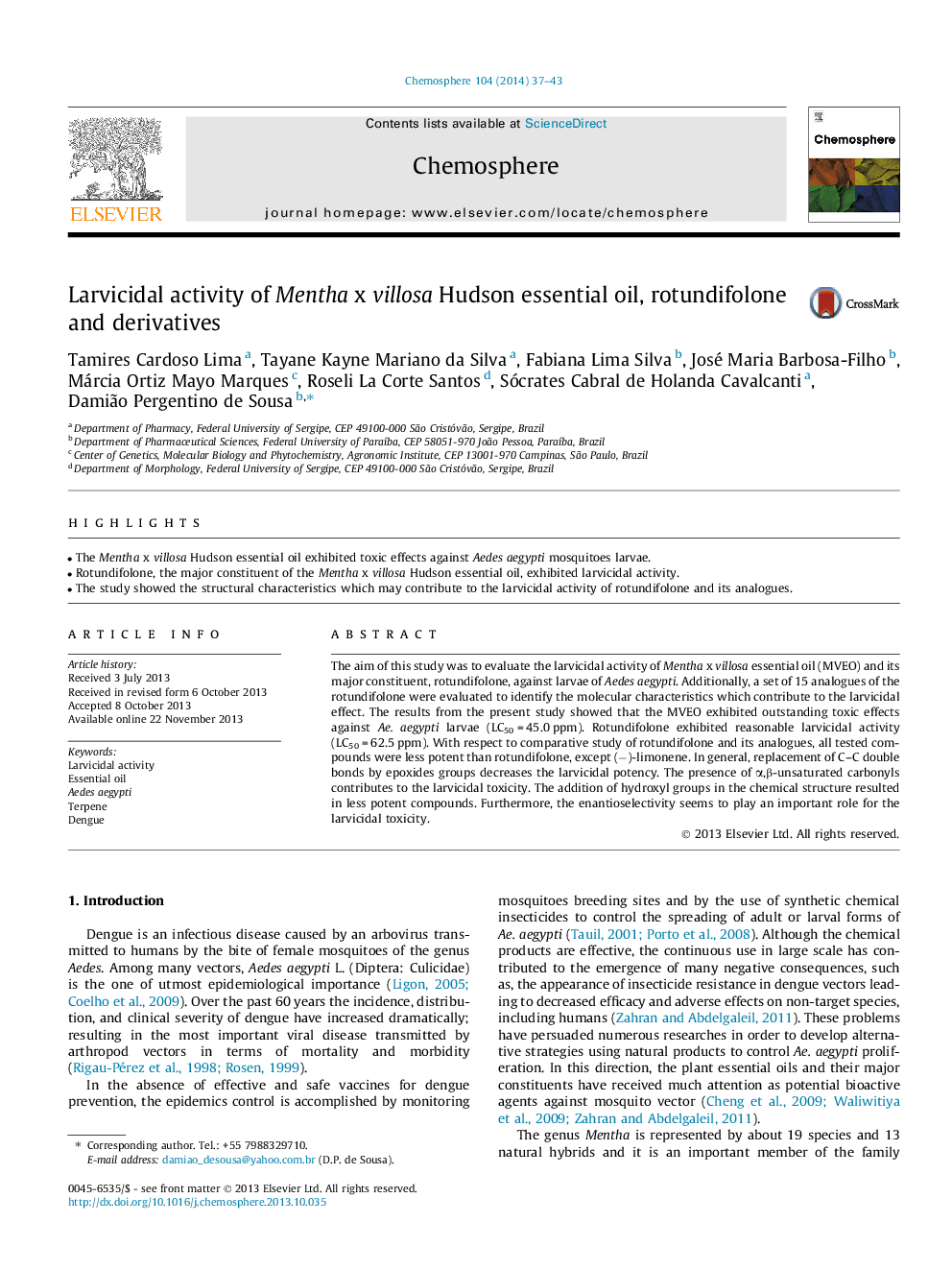 Larvicidal activity of Mentha x villosa Hudson essential oil, rotundifolone and derivatives