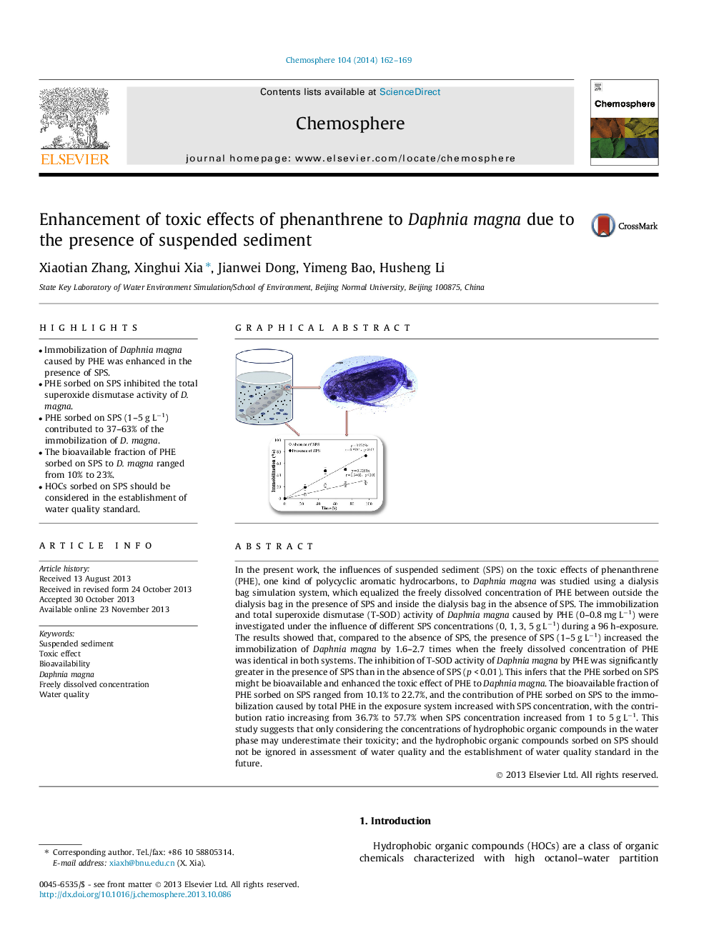 Enhancement of toxic effects of phenanthrene to Daphnia magna due to the presence of suspended sediment