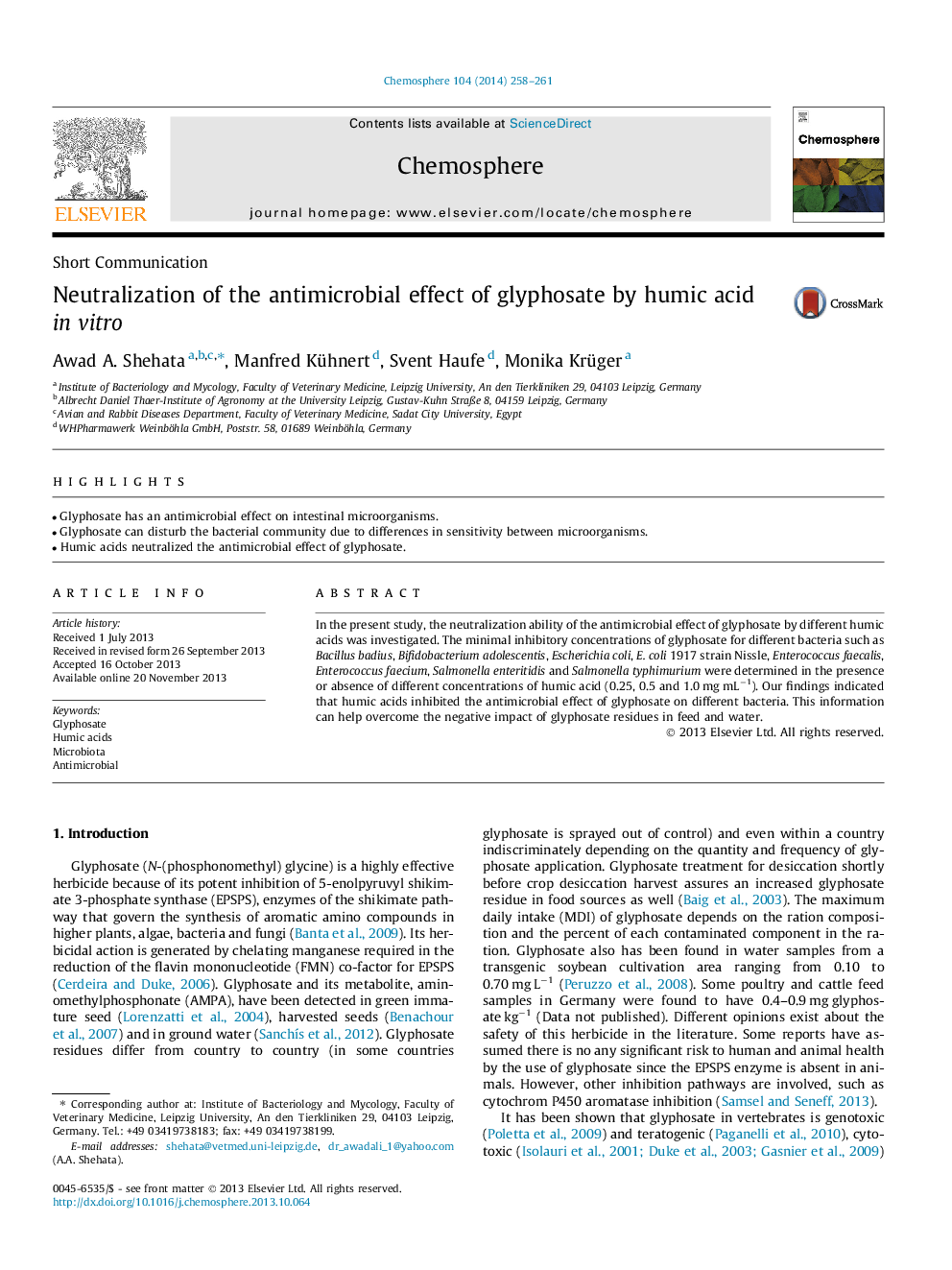 Neutralization of the antimicrobial effect of glyphosate by humic acid in vitro