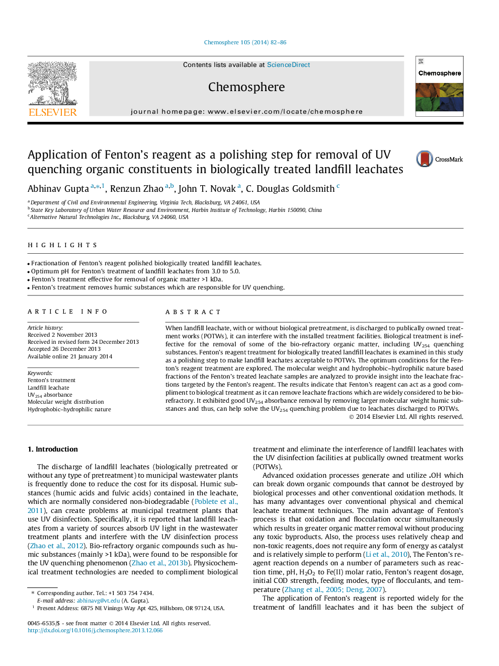 Application of Fenton’s reagent as a polishing step for removal of UV quenching organic constituents in biologically treated landfill leachates