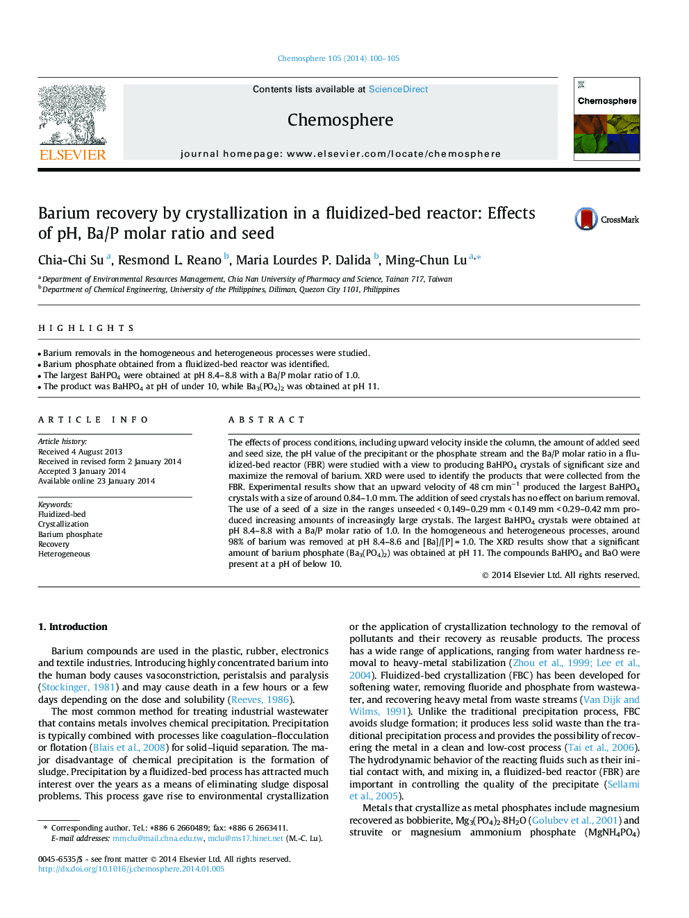 Barium recovery by crystallization in a fluidized-bed reactor: Effects of pH, Ba/P molar ratio and seed