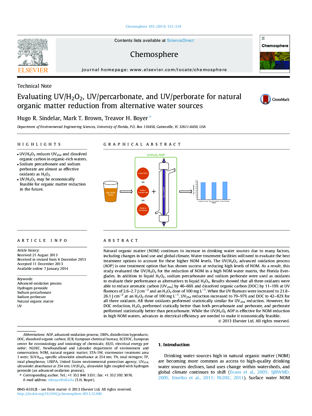 Evaluating UV/H2O2, UV/percarbonate, and UV/perborate for natural organic matter reduction from alternative water sources
