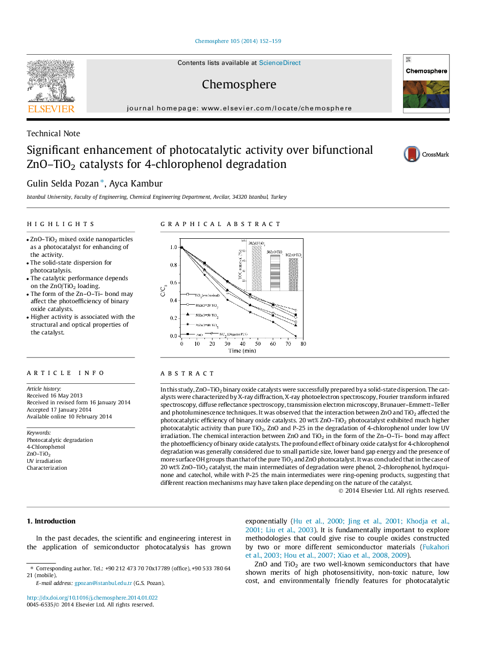 عکس صفحه اول مقاله: Significant enhancement of photocatalytic activity over bifunctional ZnO–TiO2 catalysts for 4-chlorophenol degradation Significant enhancement of photocatalytic activity over bifunctional ZnO–TiO2 catalysts for 4-chlorophenol degradation