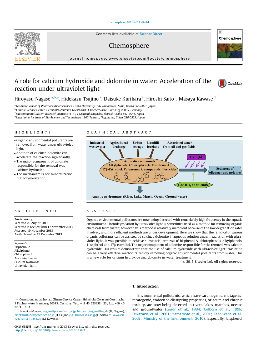 A role for calcium hydroxide and dolomite in water: Acceleration of the reaction under ultraviolet light