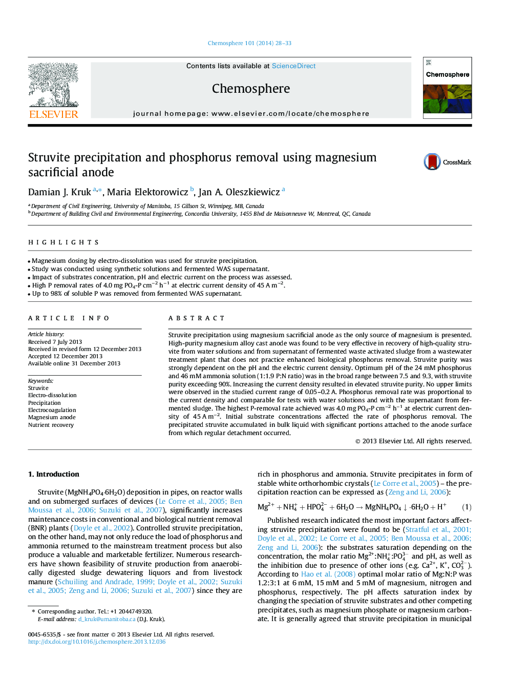 Struvite precipitation and phosphorus removal using magnesium sacrificial anode